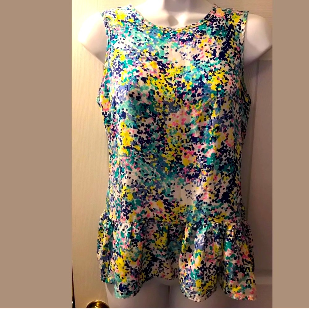 New BRITT RYAN Confetti Peplum Blouse Silk Shirt Top Colorful Pink Turquoise Blu